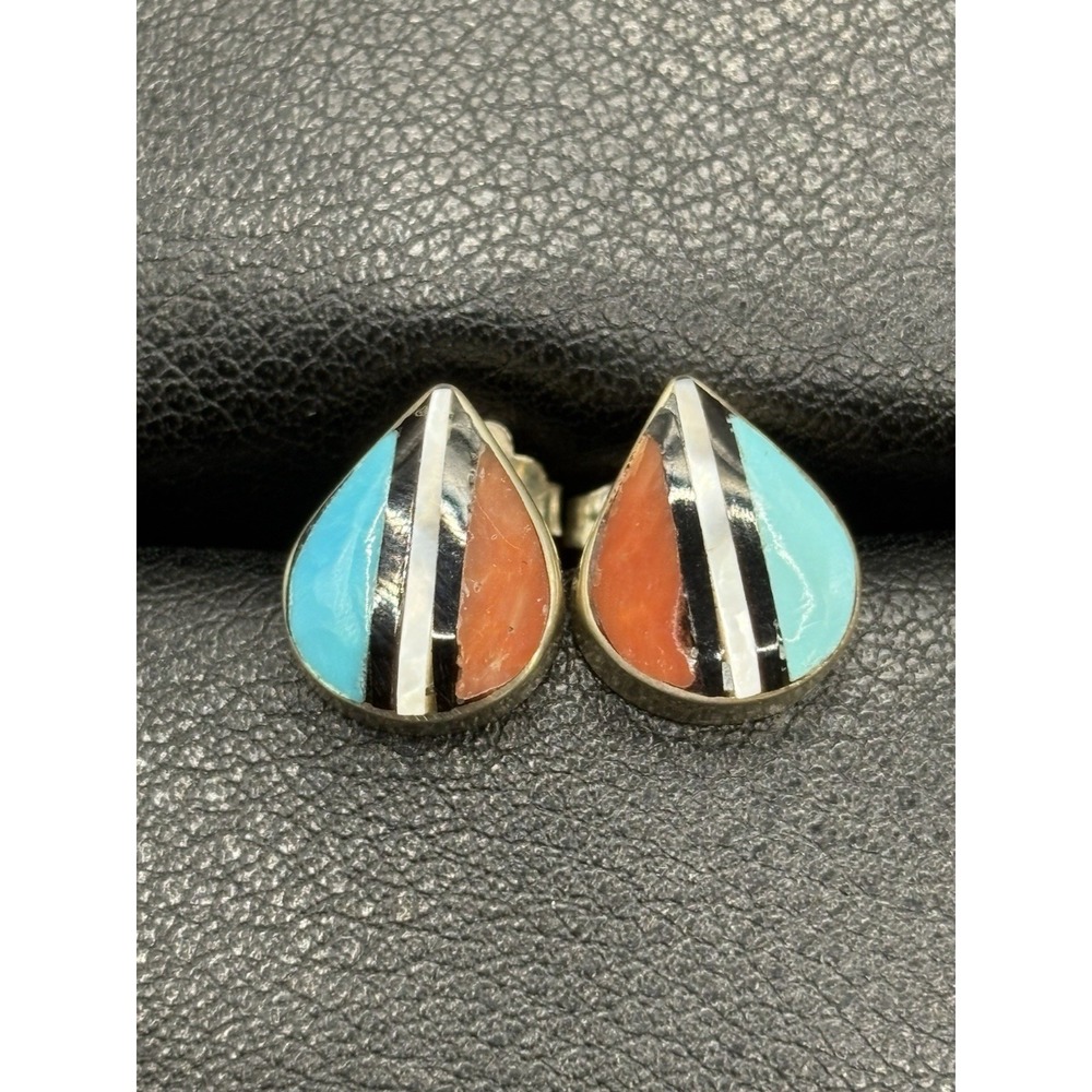 Vintage Southwestern Sterling Silver Turquoise Oyster Stud Earrings 925 G15